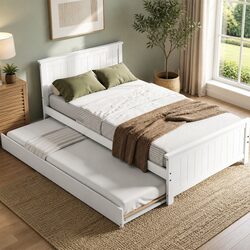 Single Bed Frame with Pull-Out Trundle Solid Pine Wood White Toddler Bunk Bed