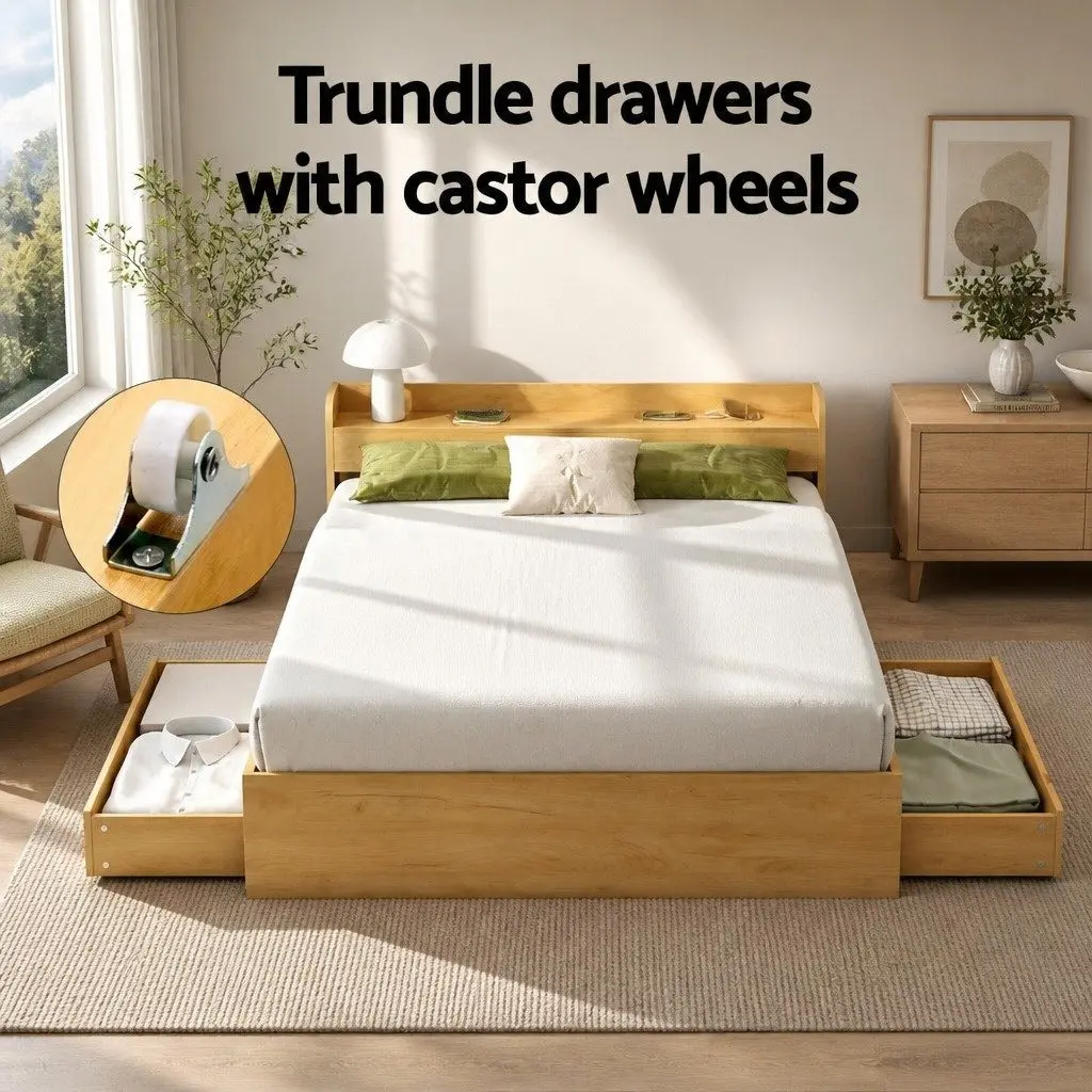 Double Bed Frame Pine Wood with 2 Storage Drawers and USB Charging Ports 211 x 142 x 70cm