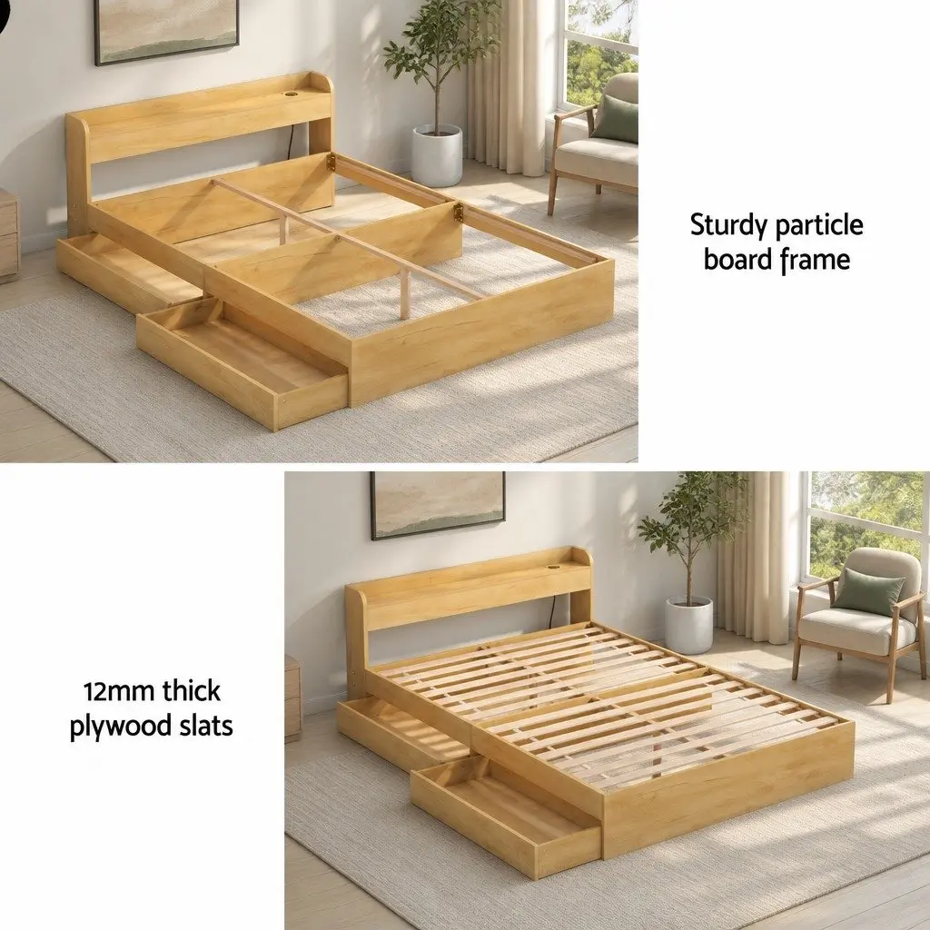 Double Bed Frame Pine Wood with 2 Storage Drawers and USB Charging Ports 211 x 142 x 70cm