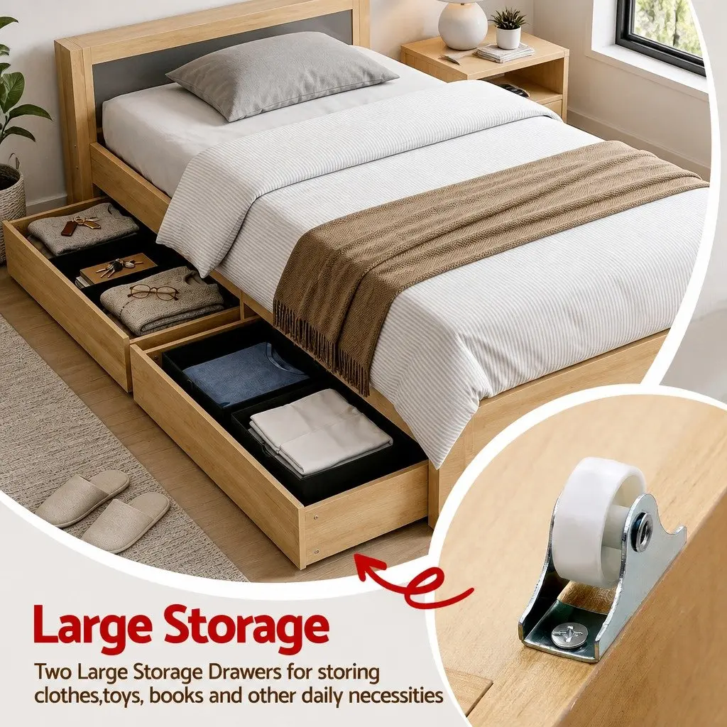 King Single Bed Frame Natural with Storage Drawers USB Ports Headboard Platform Base