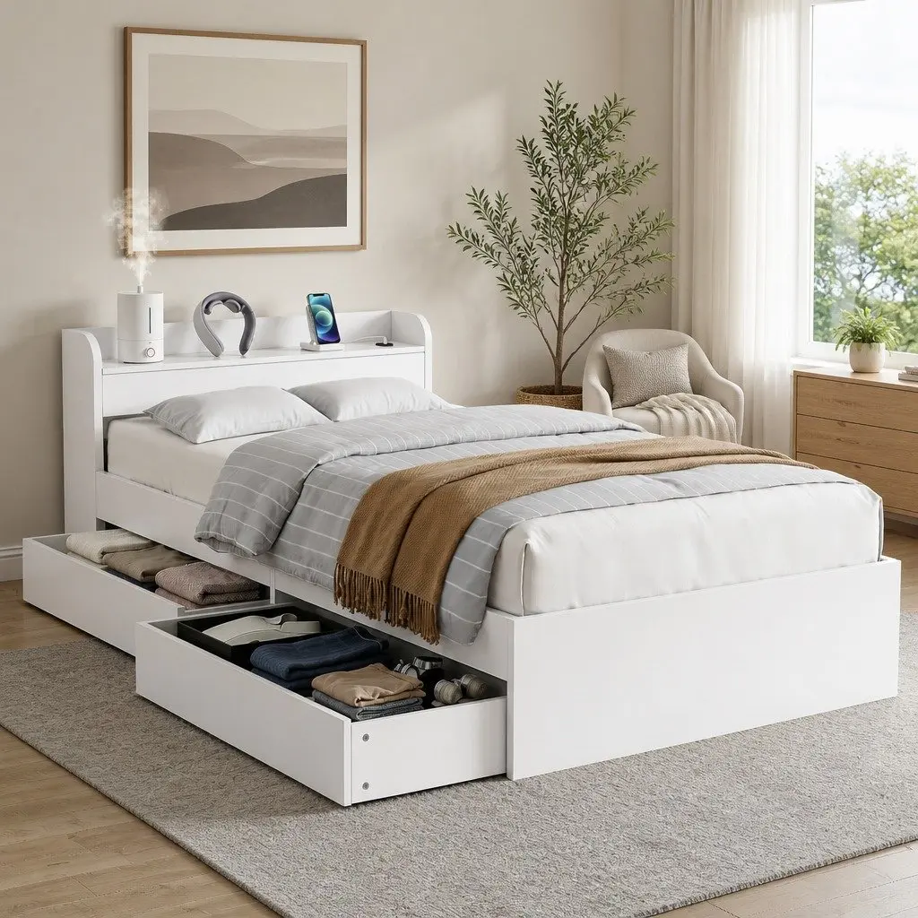 King Single Bed Frame White with USB Charging Ports Storage Drawers Headboard