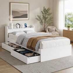 King Single Bed Frame White with USB Charging Ports Storage Drawers Headboard