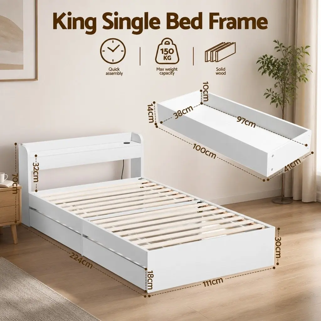 King Single Bed Frame White with USB Charging Ports Storage Drawers Headboard