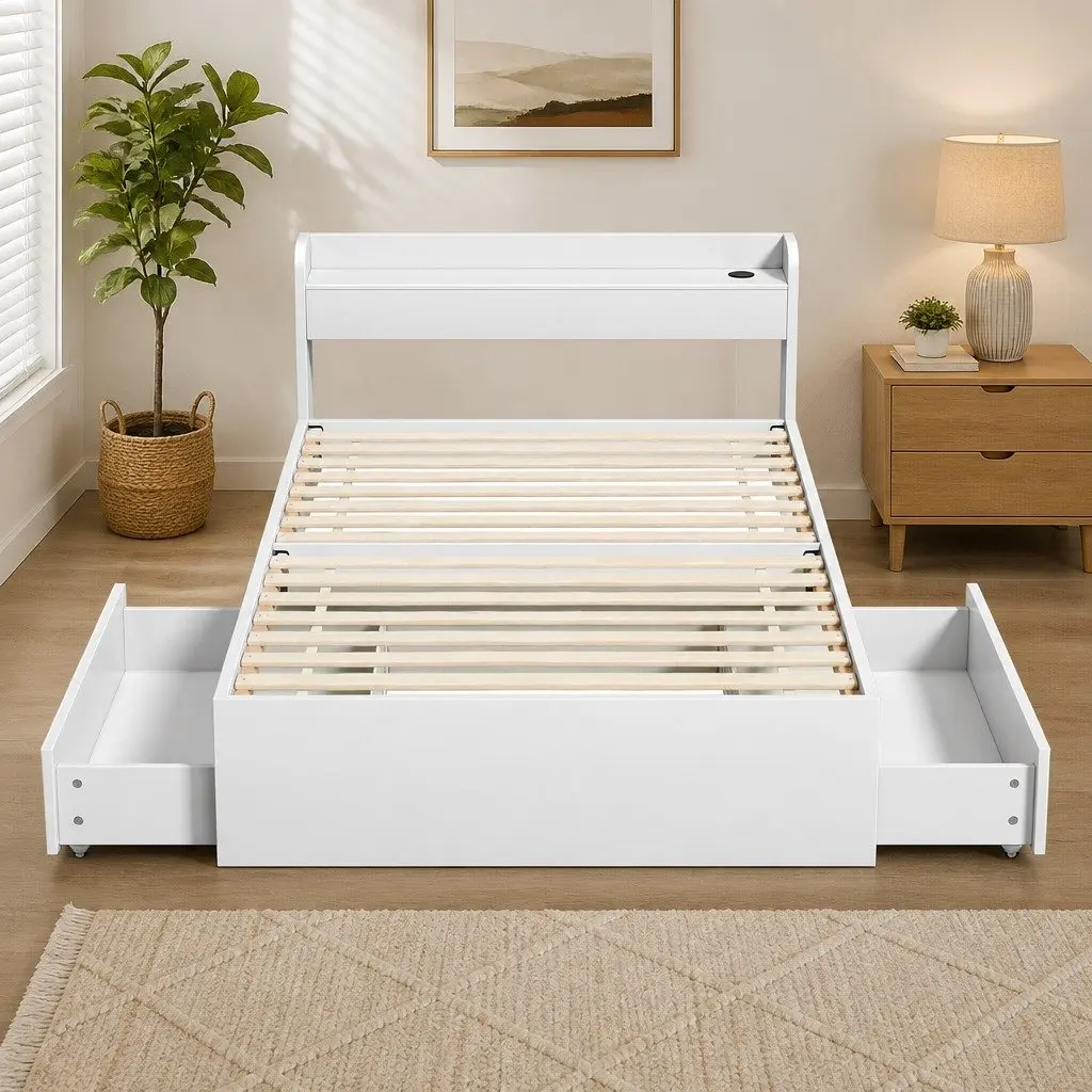 King Single Bed Frame White with USB Charging Ports Storage Drawers Headboard
