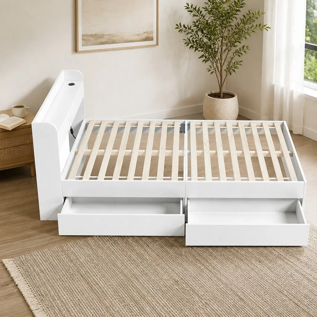 King Single Bed Frame White with USB Charging Ports Storage Drawers Headboard
