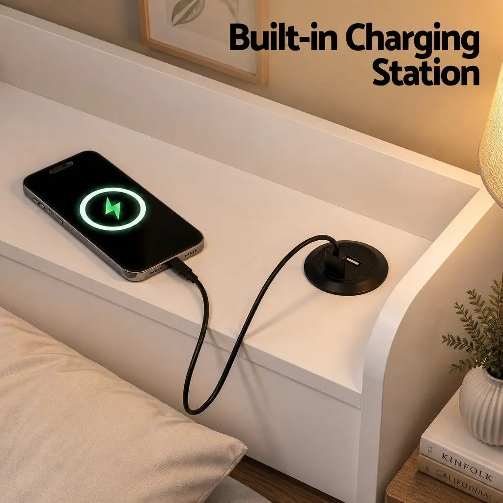 King Single Bed Frame White with USB Charging Ports Storage Drawers Headboard