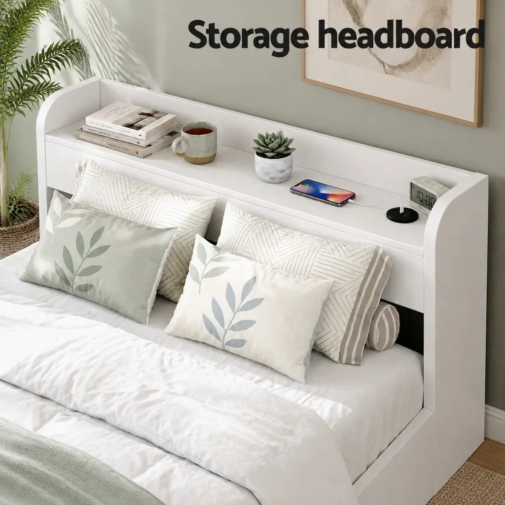 King Single Bed Frame White with USB Charging Ports Storage Drawers Headboard