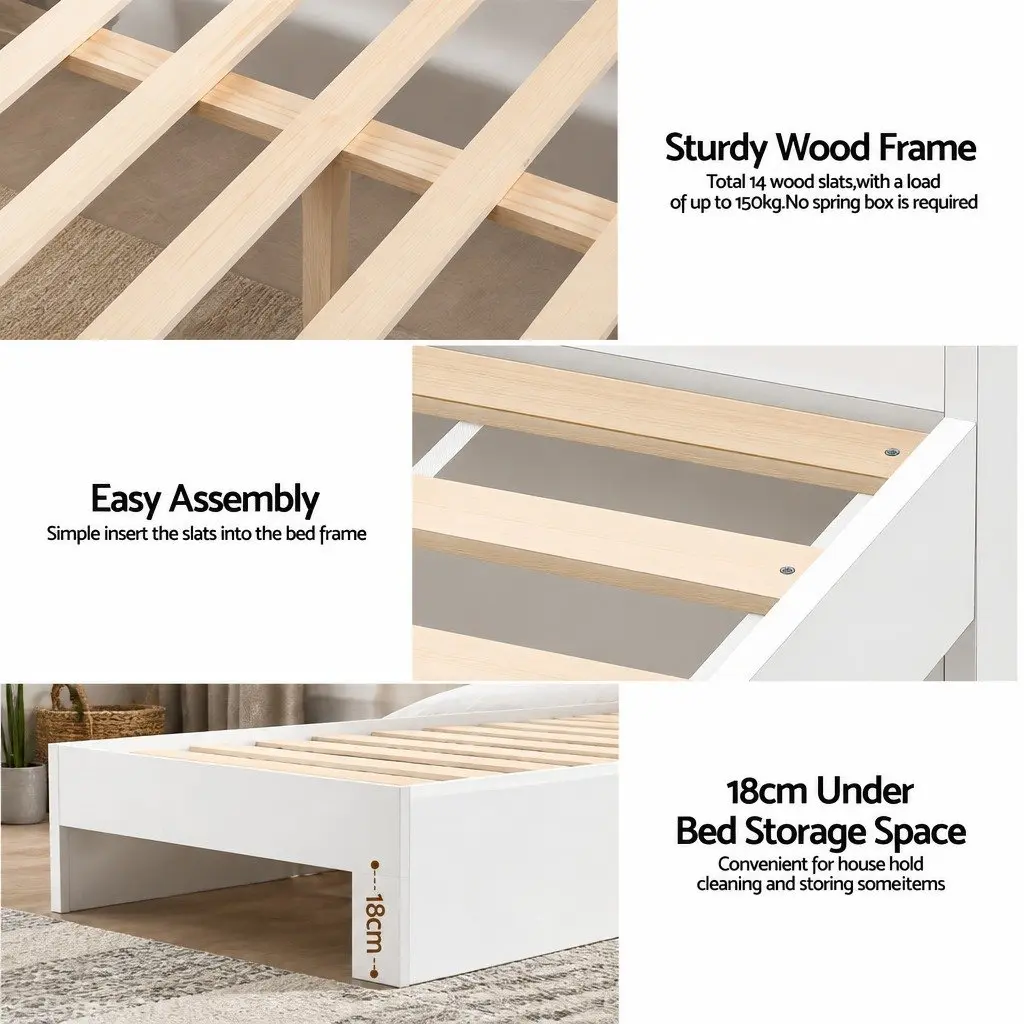 King Single Bed Frame White with USB Charging Ports Storage Drawers Headboard