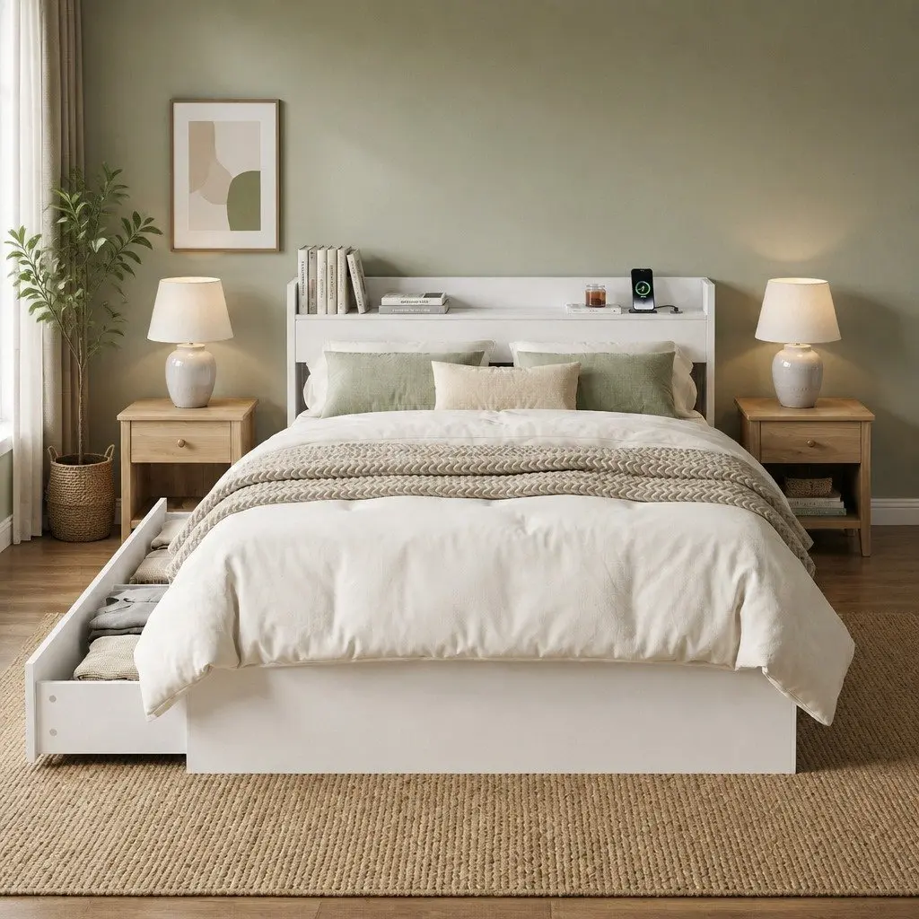 King Single Bed Frame White with USB Charging Ports Storage Drawers Headboard