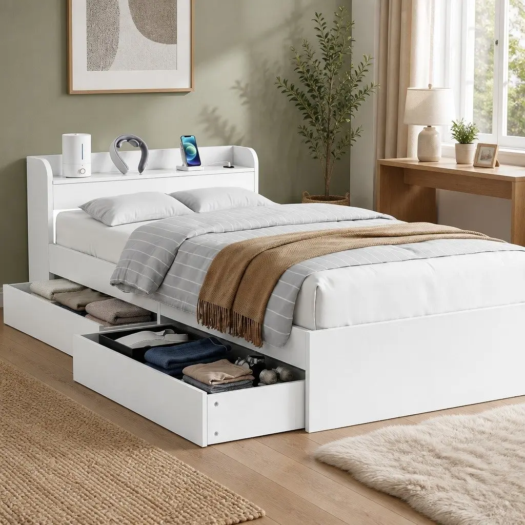 King Single Bed Frame White with USB Charging Ports Storage Drawers Headboard