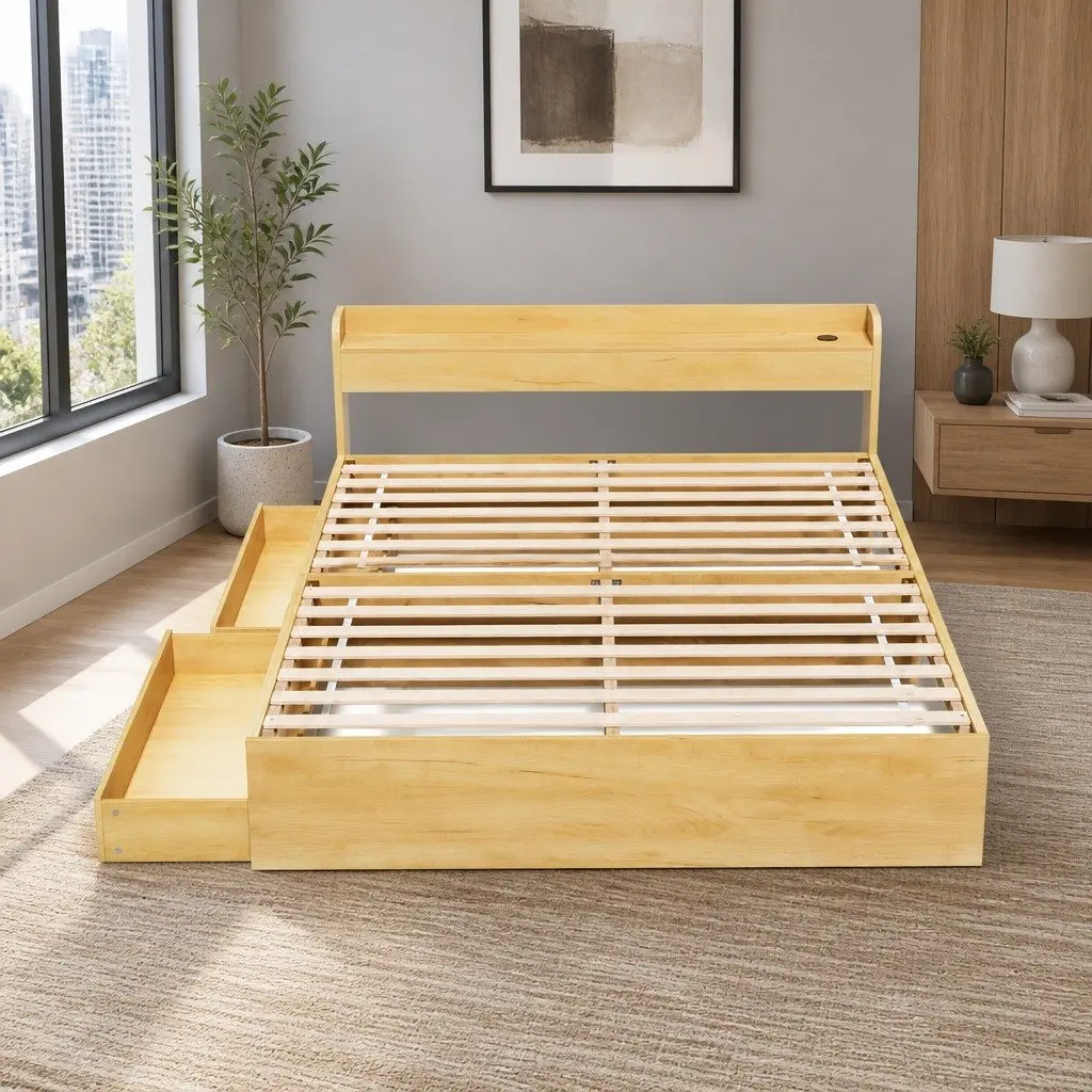 Queen Size Bed Frame Pine with USB Charging Ports Storage Drawers and Headboard