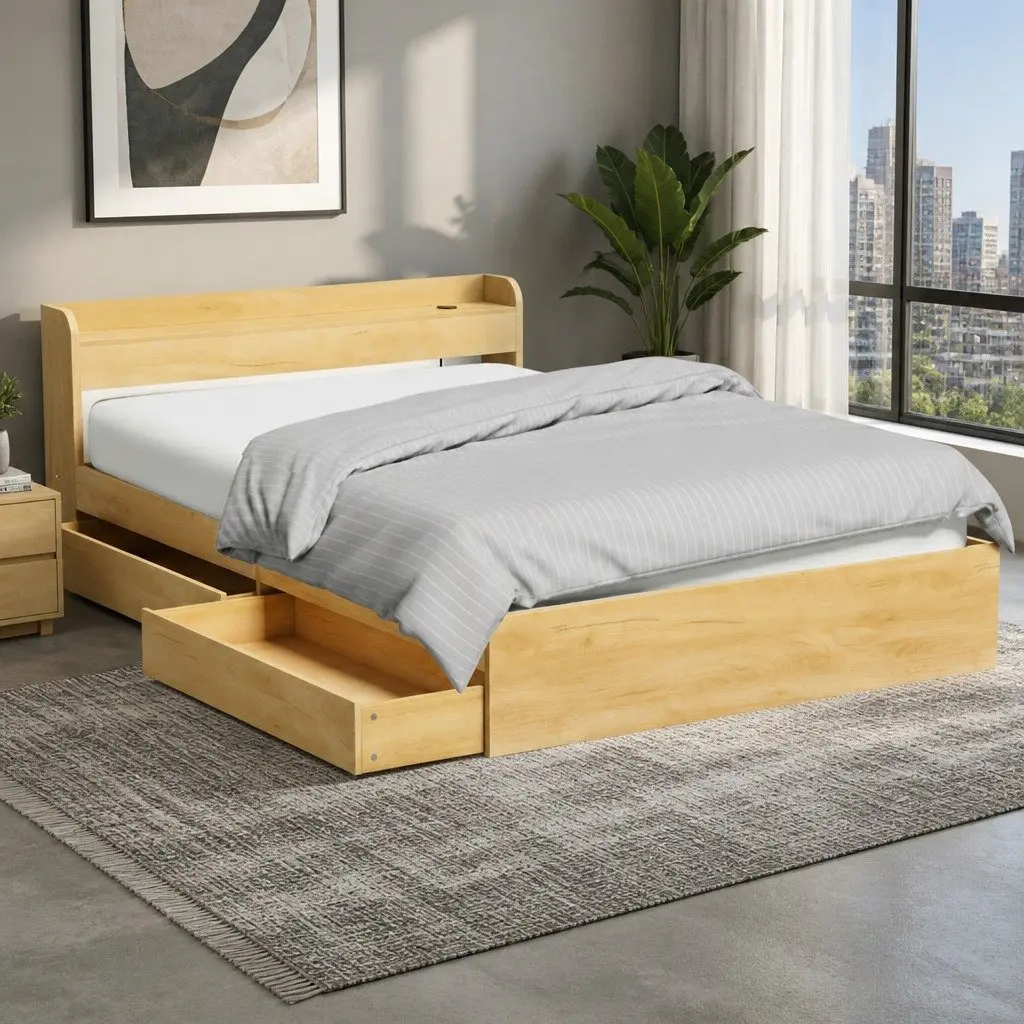 Queen Size Bed Frame Pine with USB Charging Ports Storage Drawers and Headboard