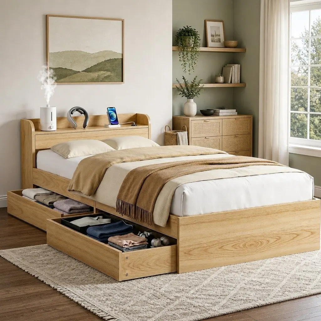 Single Bed Frame Pine with 2 Storage Drawers USB Charging Ports Wooden Slat Platform