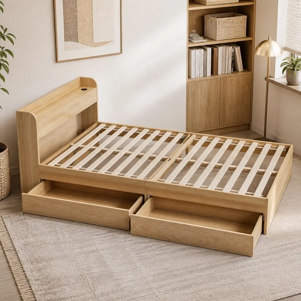 Single Bed Frame Pine with 2 Storage Drawers USB Charging Ports Wooden Slat Platform