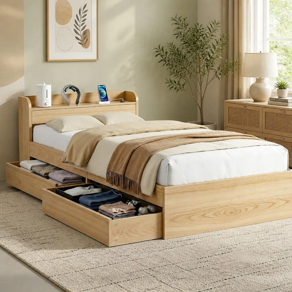Single Bed Frame Pine with 2 Storage Drawers USB Charging Ports Wooden Slat Platform