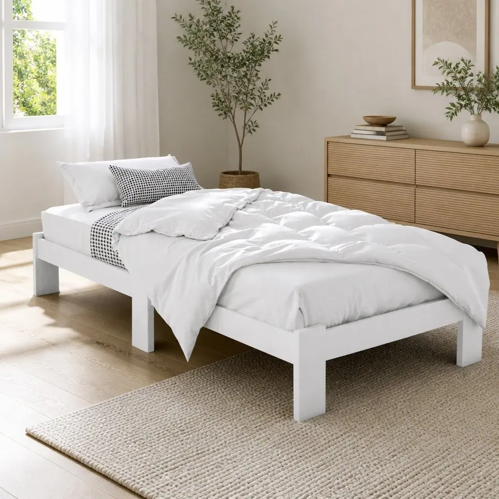 King Single Bed Frame White Pine Wood Under Bed Storage Solid Construction Central Support 210cm Length 115cm Width 30cm Height