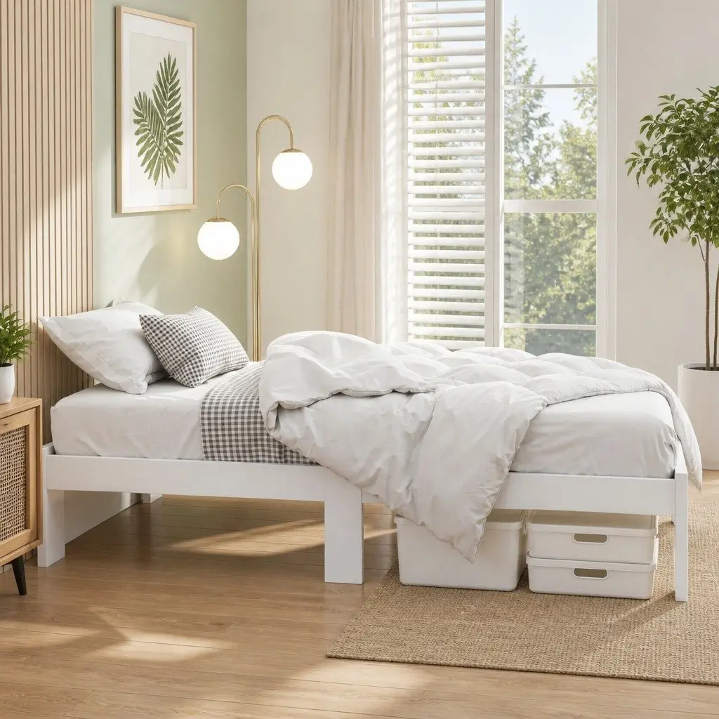 King Single Bed Frame White Pine Wood Under Bed Storage Solid Construction Central Support 210cm Length 115cm Width 30cm Height
