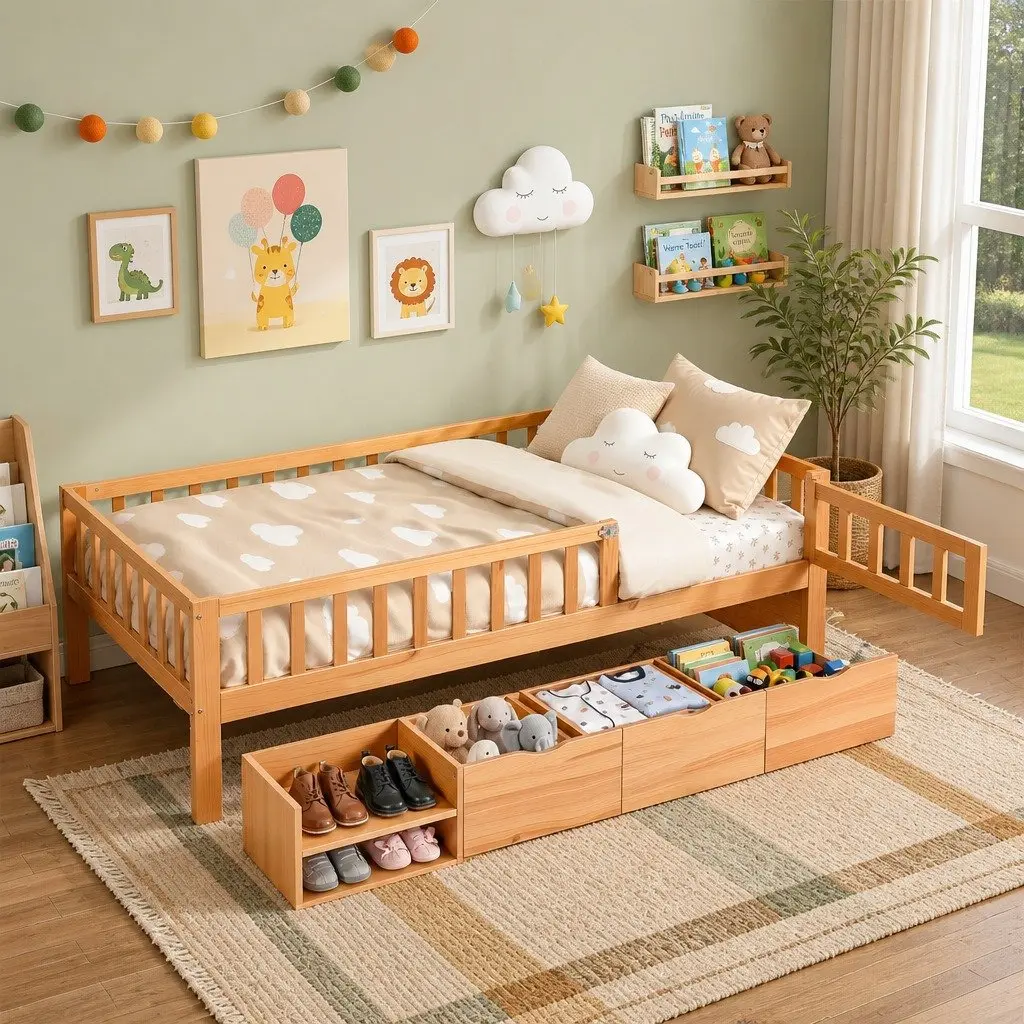 Kids Bed Frame with Drawers and Safety Rail