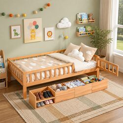 Kids Bed Frame with Drawers and Safety Rail