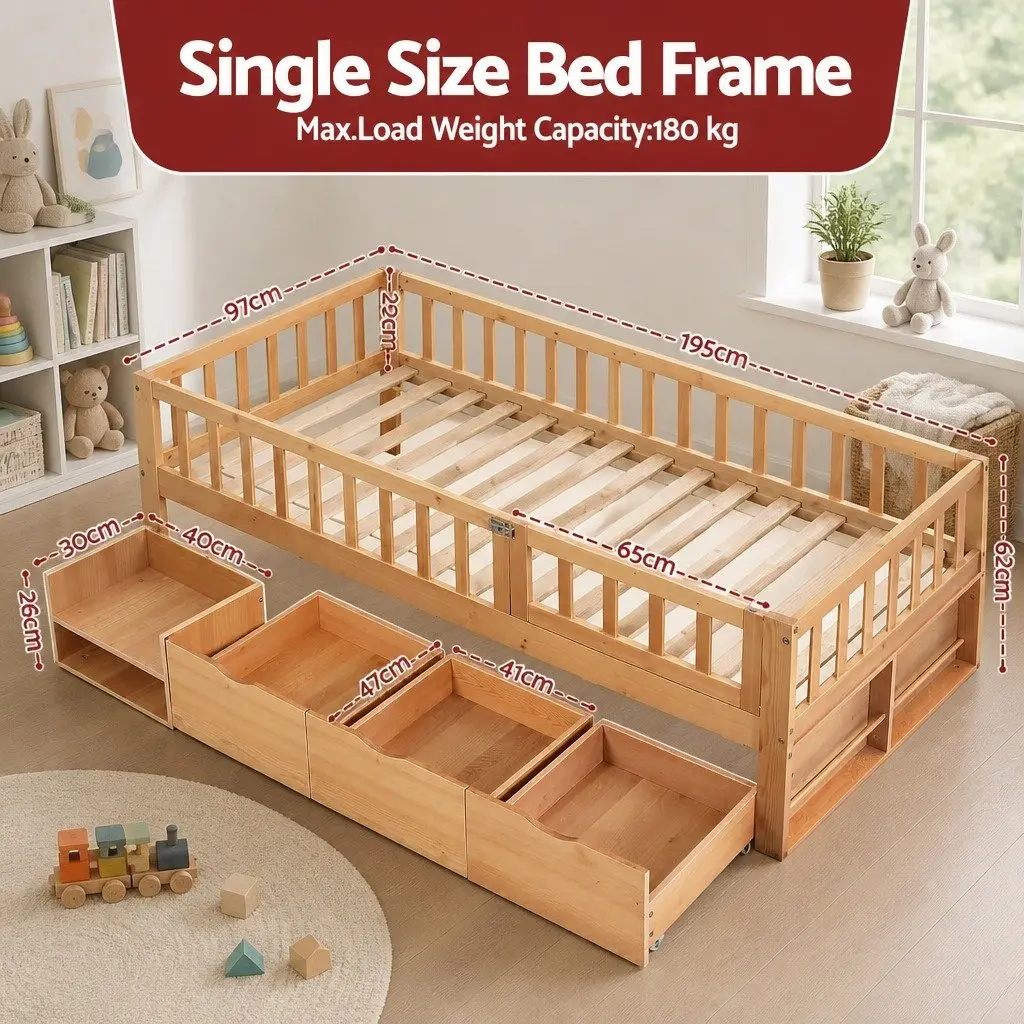 Kids Bed Frame Natural Single with 3 Storage Drawers and Safety Rail