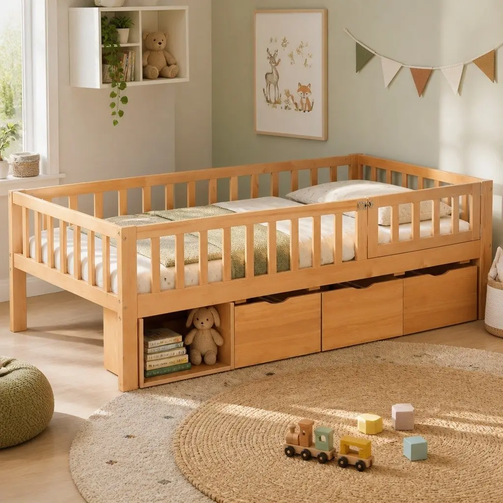 Kids Bed Frame Natural Single with 3 Storage Drawers and Safety Rail