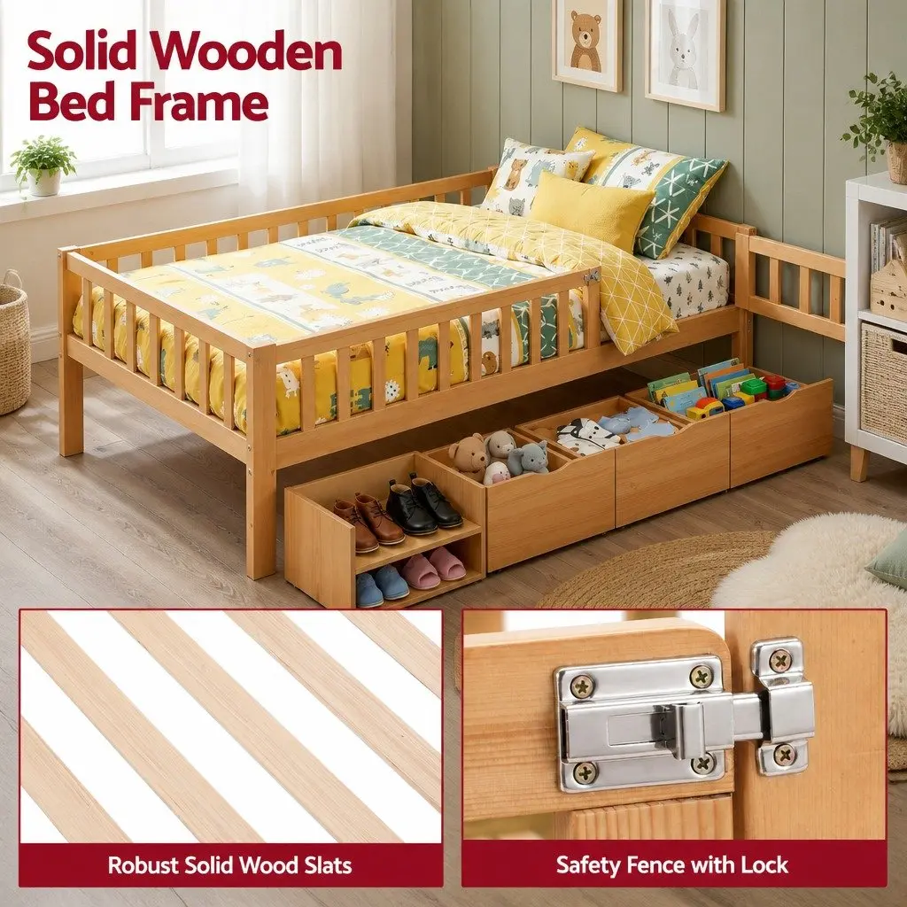 Kids Bed Frame Natural Single with 3 Storage Drawers and Safety Rail