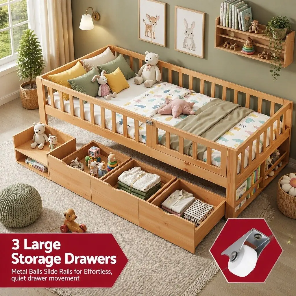 Kids Bed Frame Natural Single with 3 Storage Drawers and Safety Rail