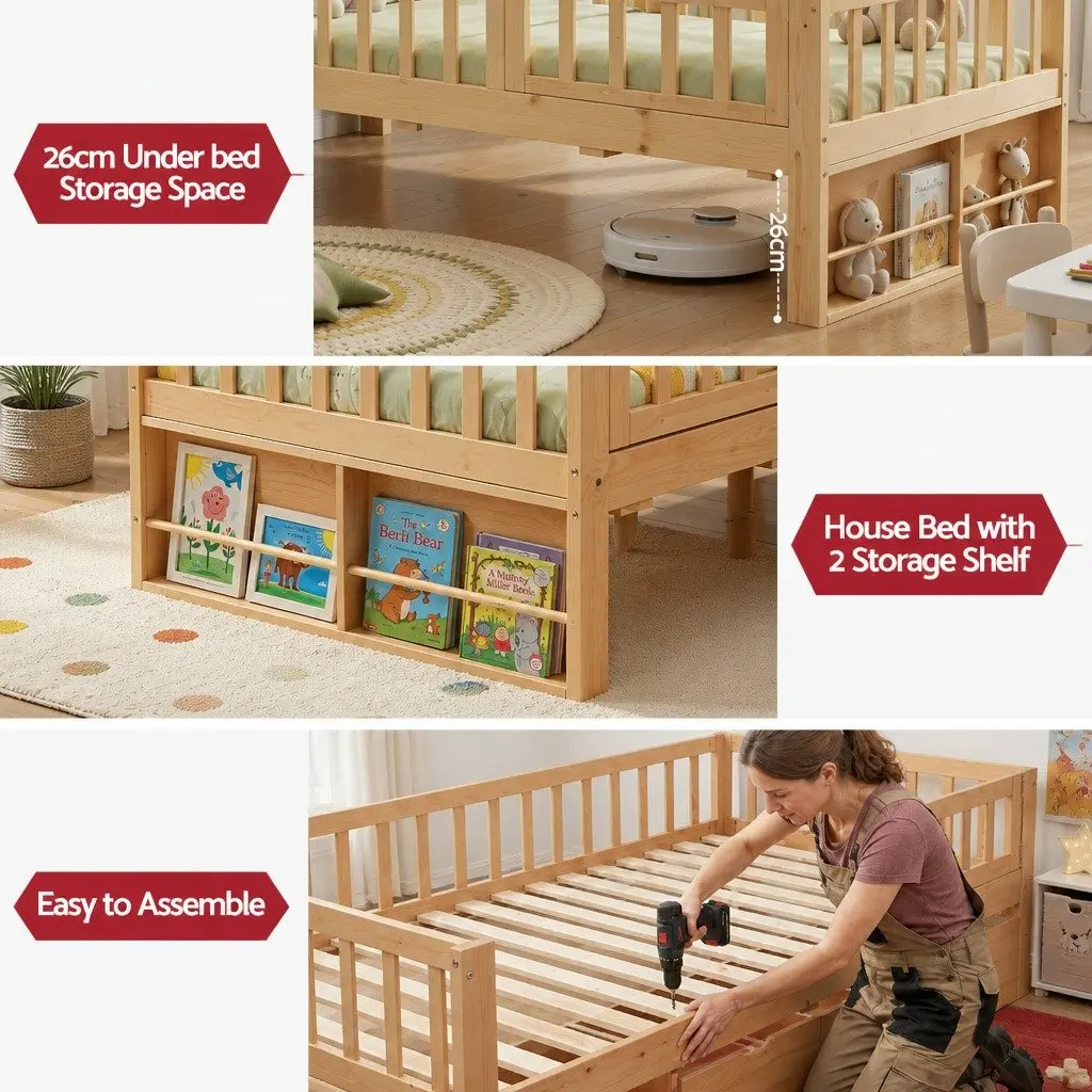 Kids Bed Frame Natural Single with 3 Storage Drawers and Safety Rail