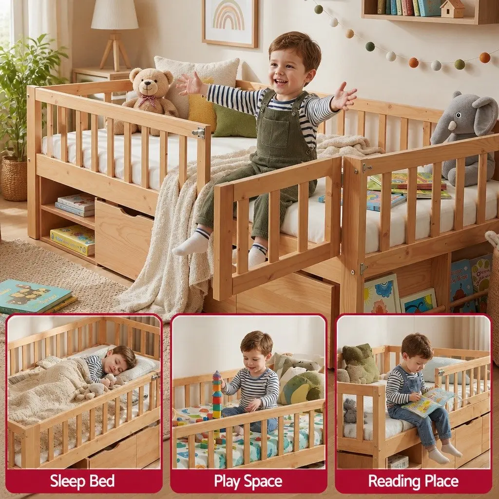 Kids Bed Frame Natural Single with 3 Storage Drawers and Safety Rail
