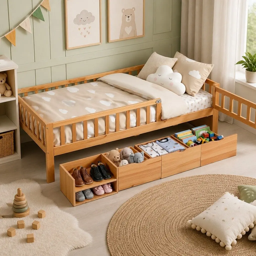 Kids Bed Frame Natural Single with 3 Storage Drawers and Safety Rail