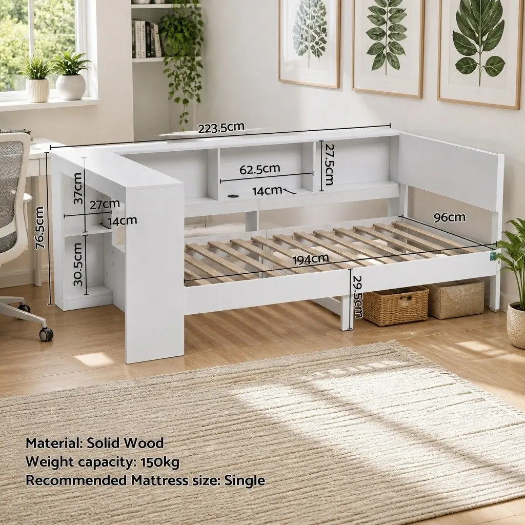 Single Corner Bed Frame with Built-in Desk Storage Shelves USB-C Charging for
