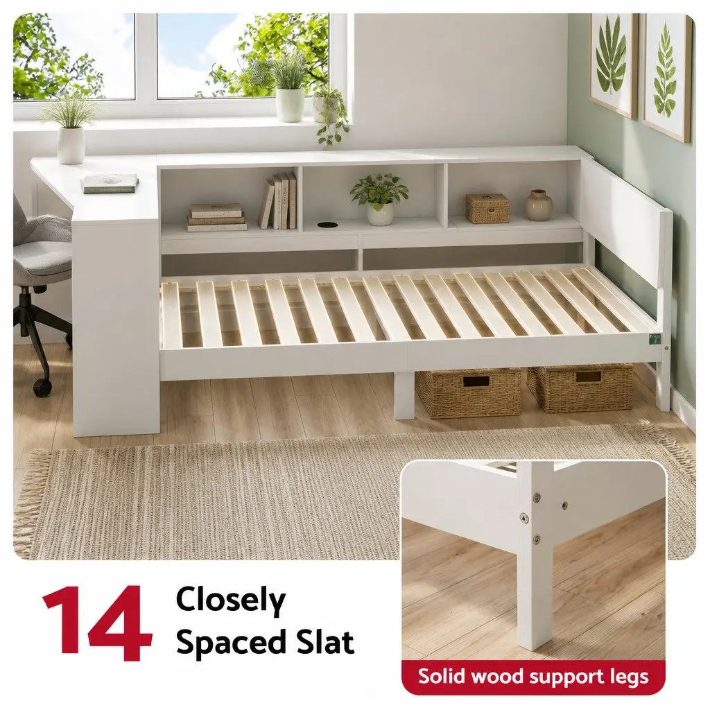 Single Corner Bed Frame with Built-in Desk Storage Shelves USB-C Charging for