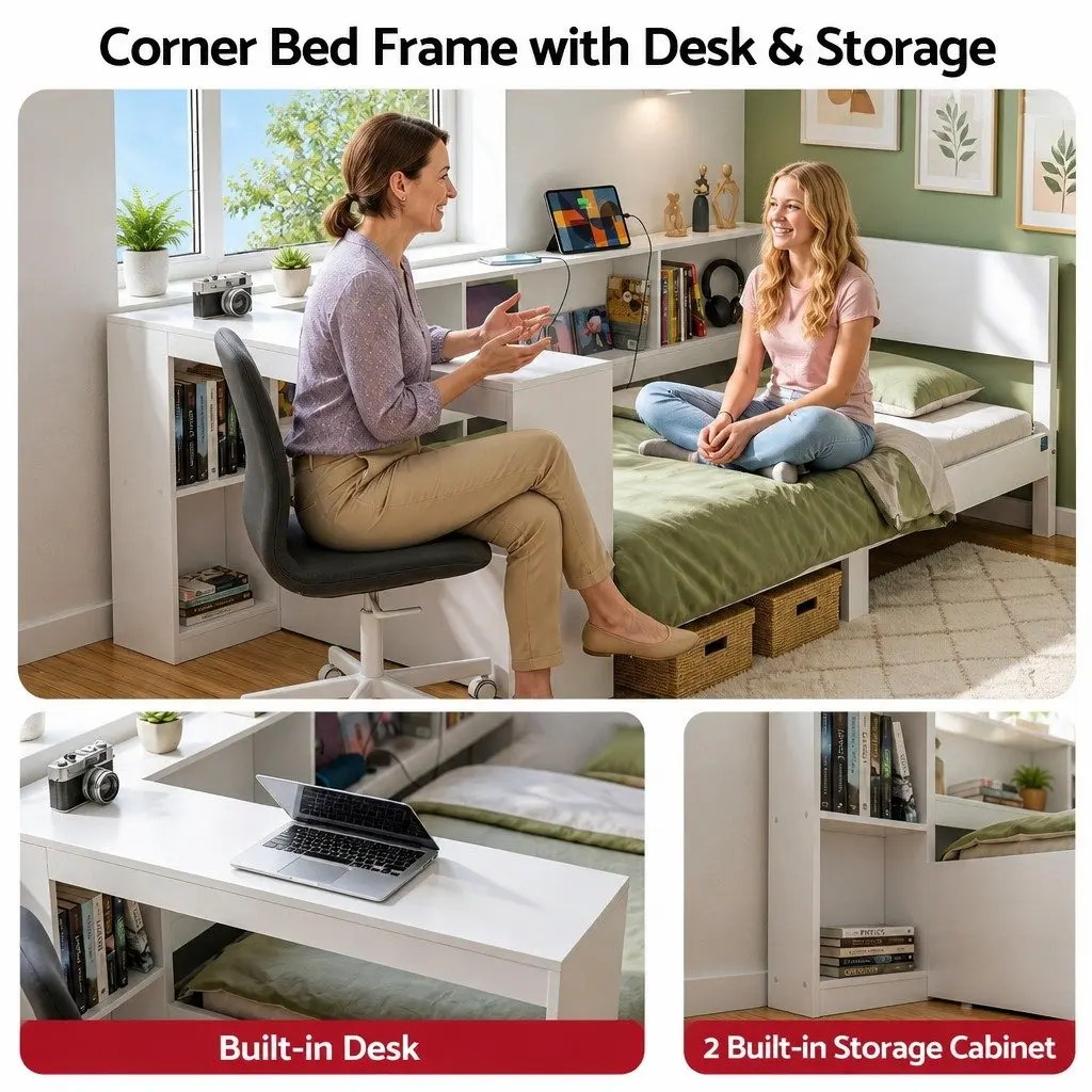 Single Corner Bed Frame with Built-in Desk Storage Shelves USB-C Charging for