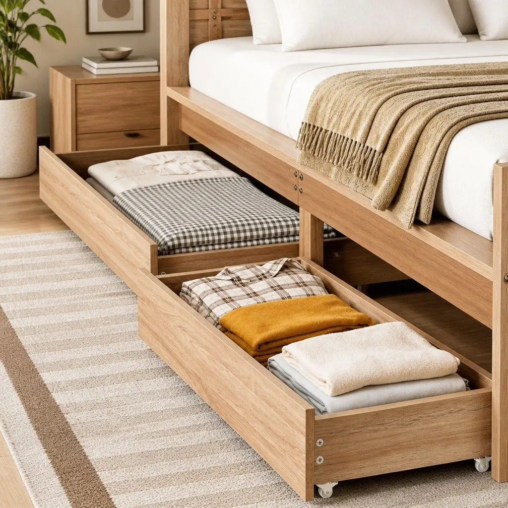 Under Bed Storage Drawers with Wheels Rolling Wooden Organizer King Single Queen
