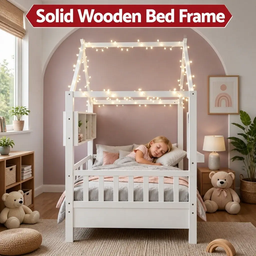 Kids Single House Bed Frame Low Floor Montessori Design White Bedroom Furniture