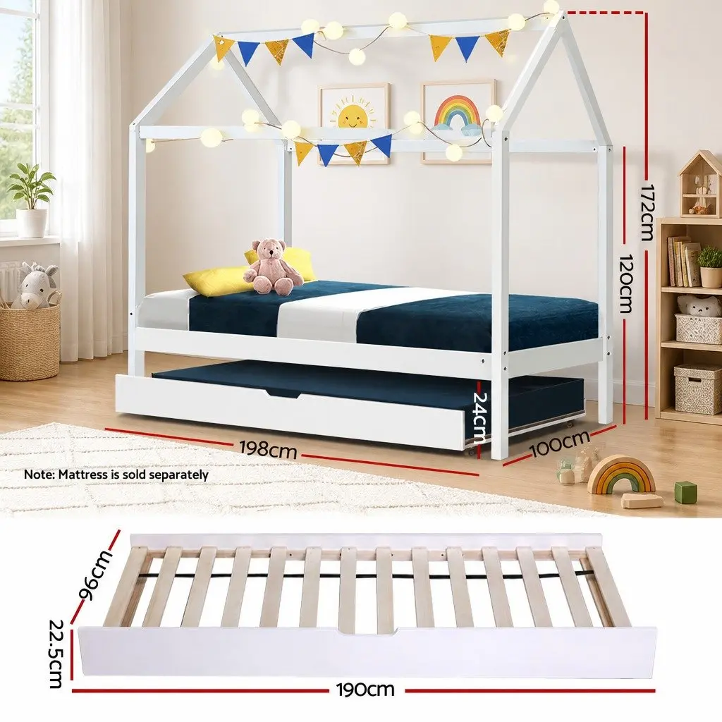 Kids House Bed Frame White Wooden Trundle Daybed Single Mattress Bedroom
