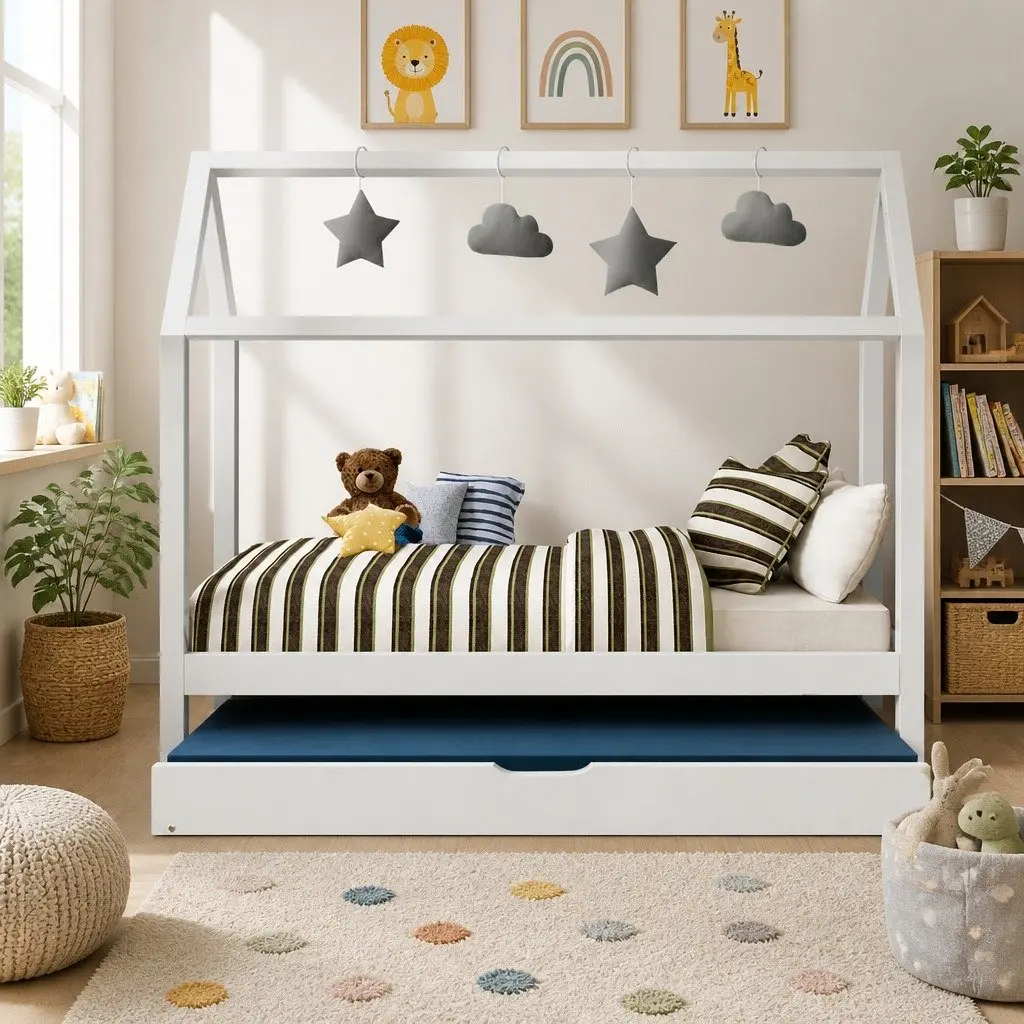 Kids House Bed Frame White Wooden Trundle Daybed Single Mattress Bedroom