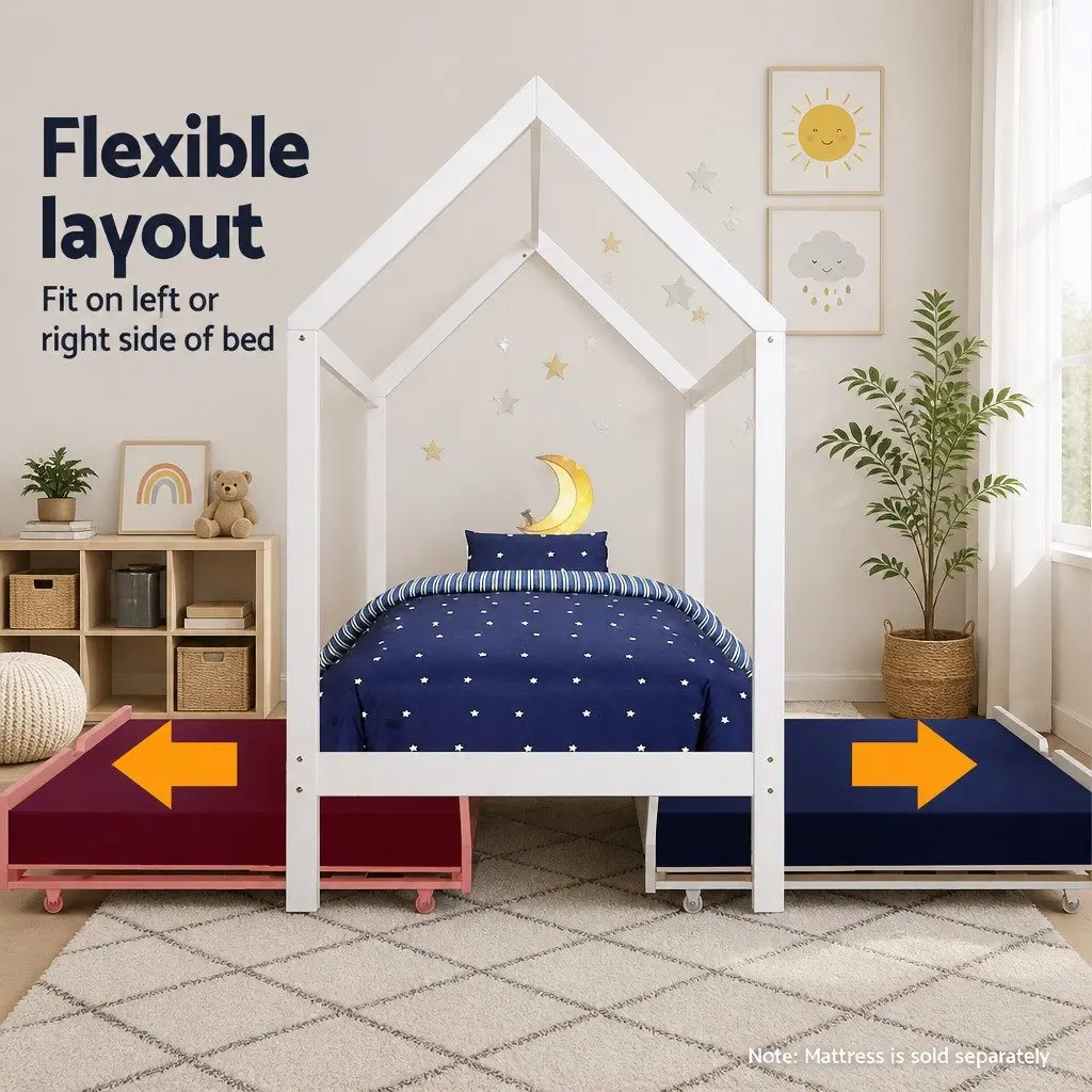 Kids House Bed Frame White Wooden Trundle Daybed Single Mattress Bedroom