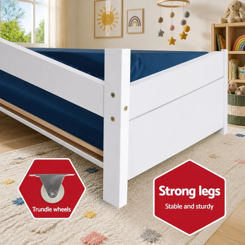 Kids House Bed Frame White Wooden Trundle Daybed Single Mattress Bedroom