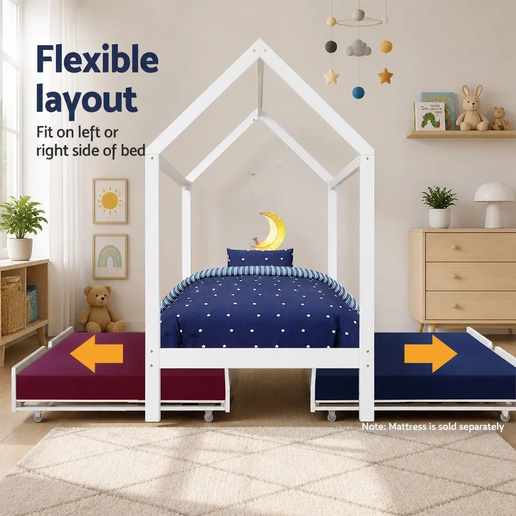 Kids House Bed Frame White Wooden Trundle Daybed Single Mattress Bedroom