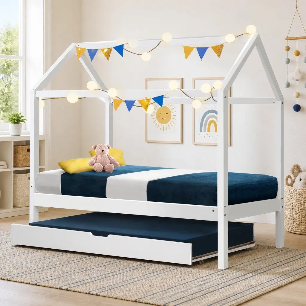 Kids House Bed Frame White Wooden Trundle Daybed Single Mattress Bedroom