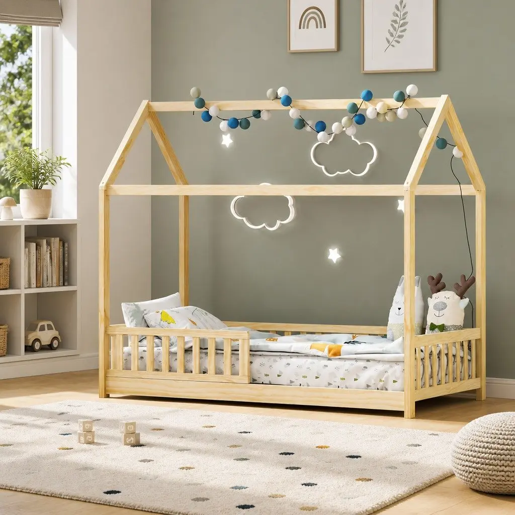 Kids Wooden Bed Frame House Shape Single Size Oak Pine Bedroom Furniture