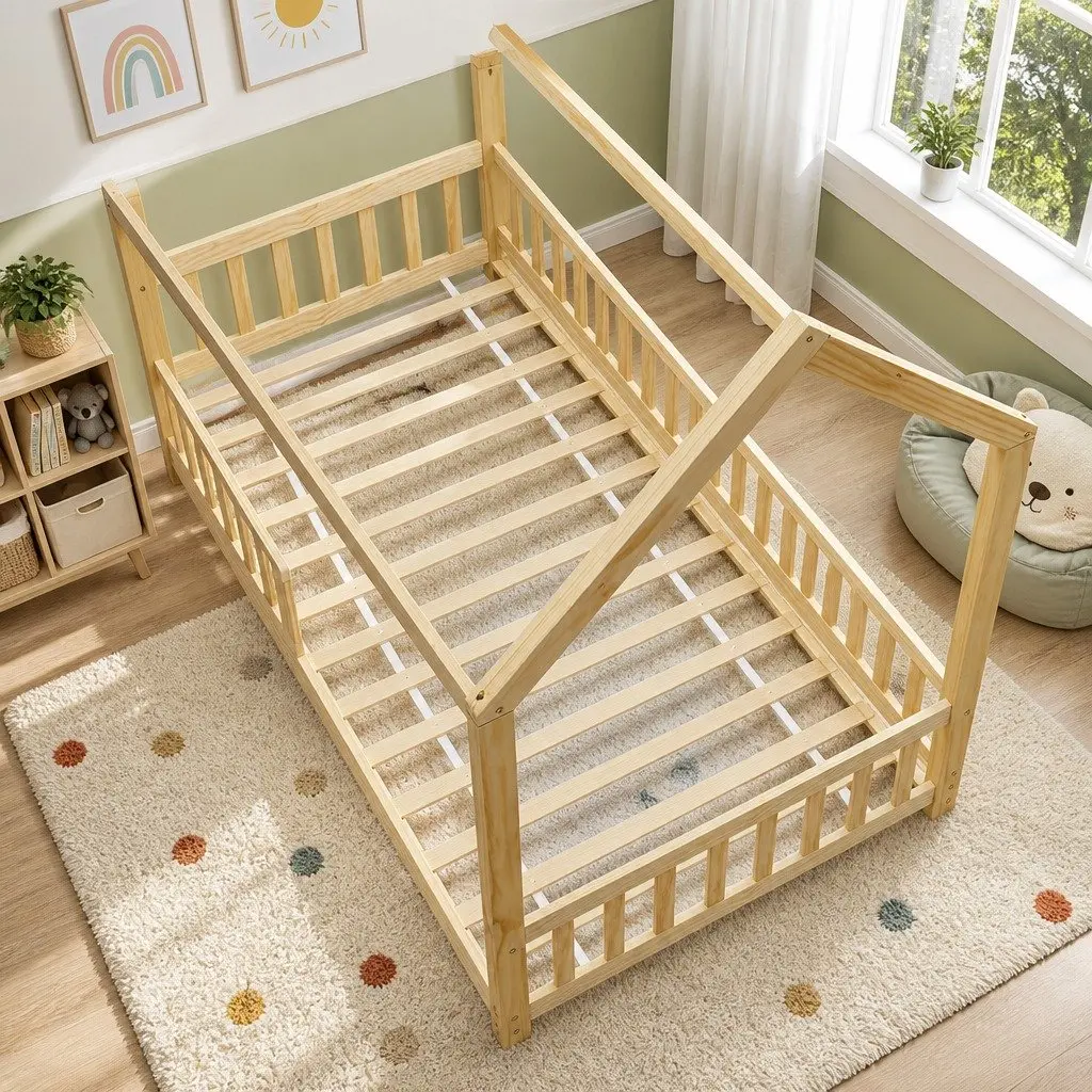 Kids Wooden Bed Frame House Shape Single Size Oak Pine Bedroom Furniture