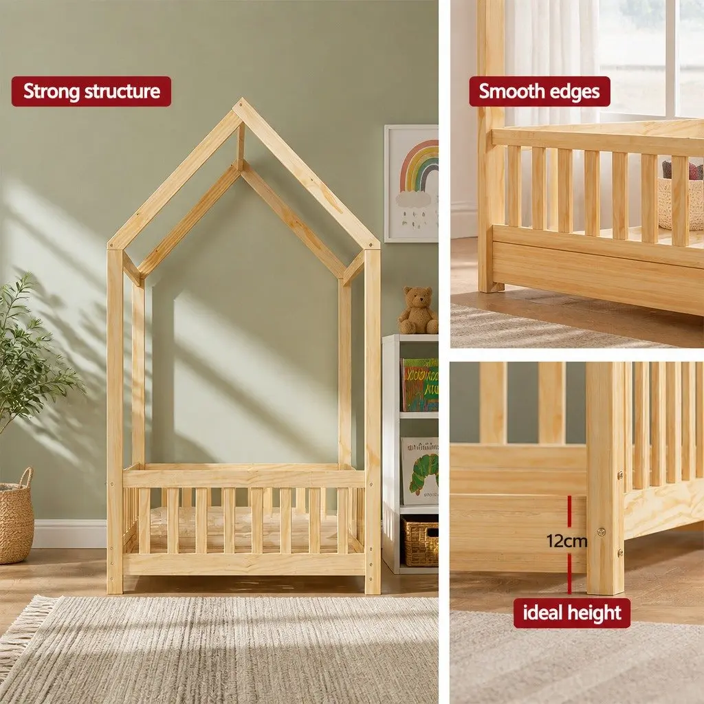 Kids Wooden Bed Frame House Shape Single Size Oak Pine Bedroom Furniture