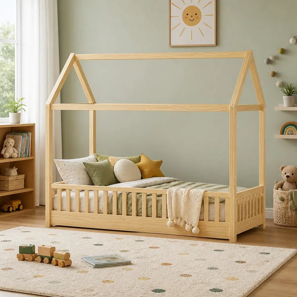 Kids Wooden Bed Frame House Shape Single Size Oak Pine Bedroom Furniture