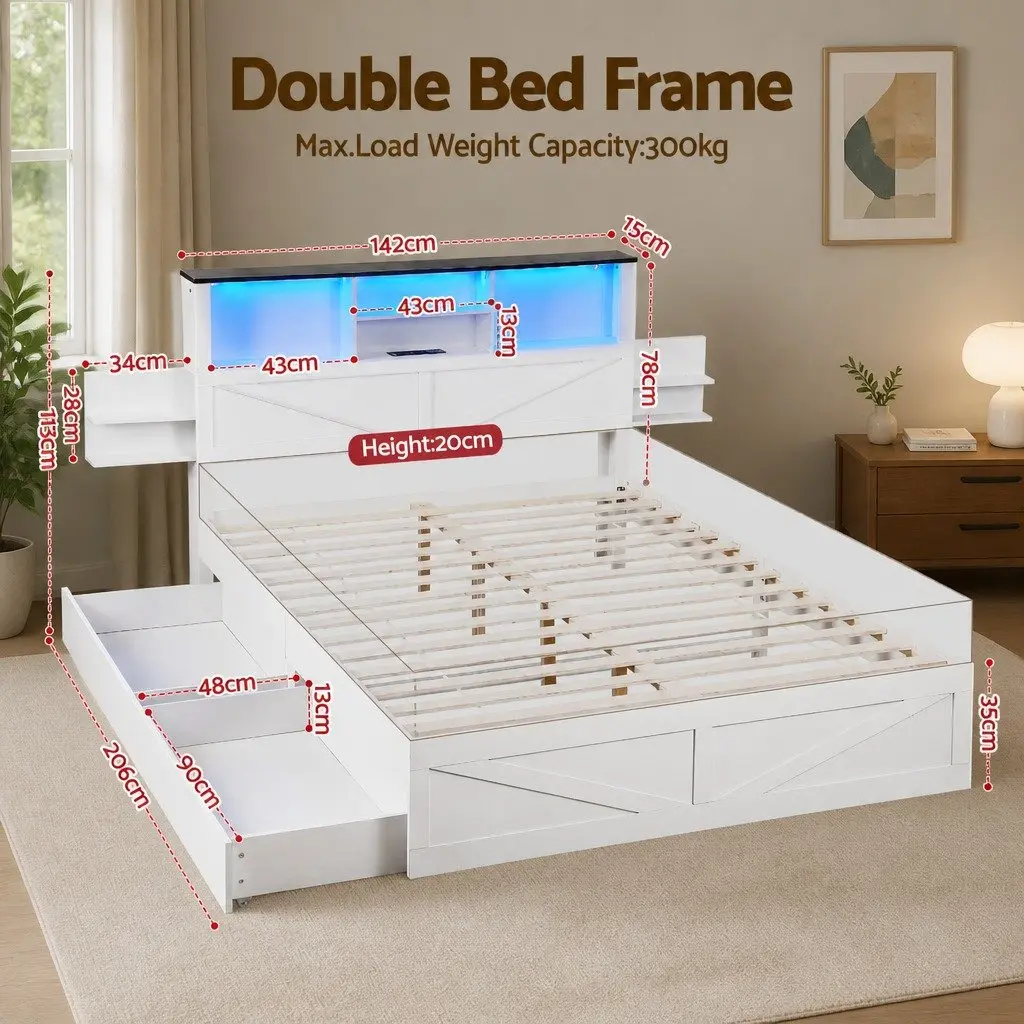 Double Bed Frame White with Storage Drawers Bookcase Headboard Charging Station LED