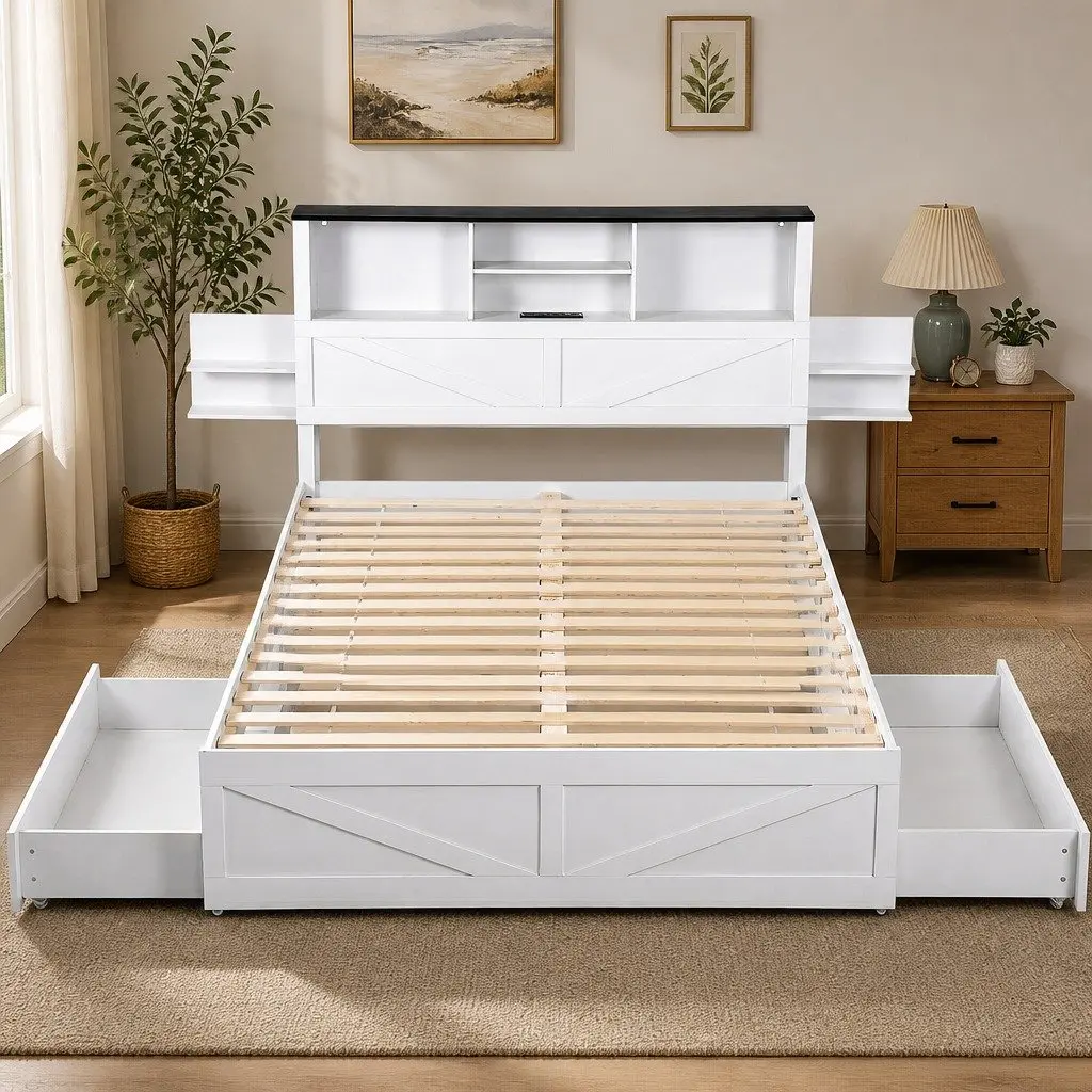 Double Bed Frame White with Storage Drawers Bookcase Headboard Charging Station LED