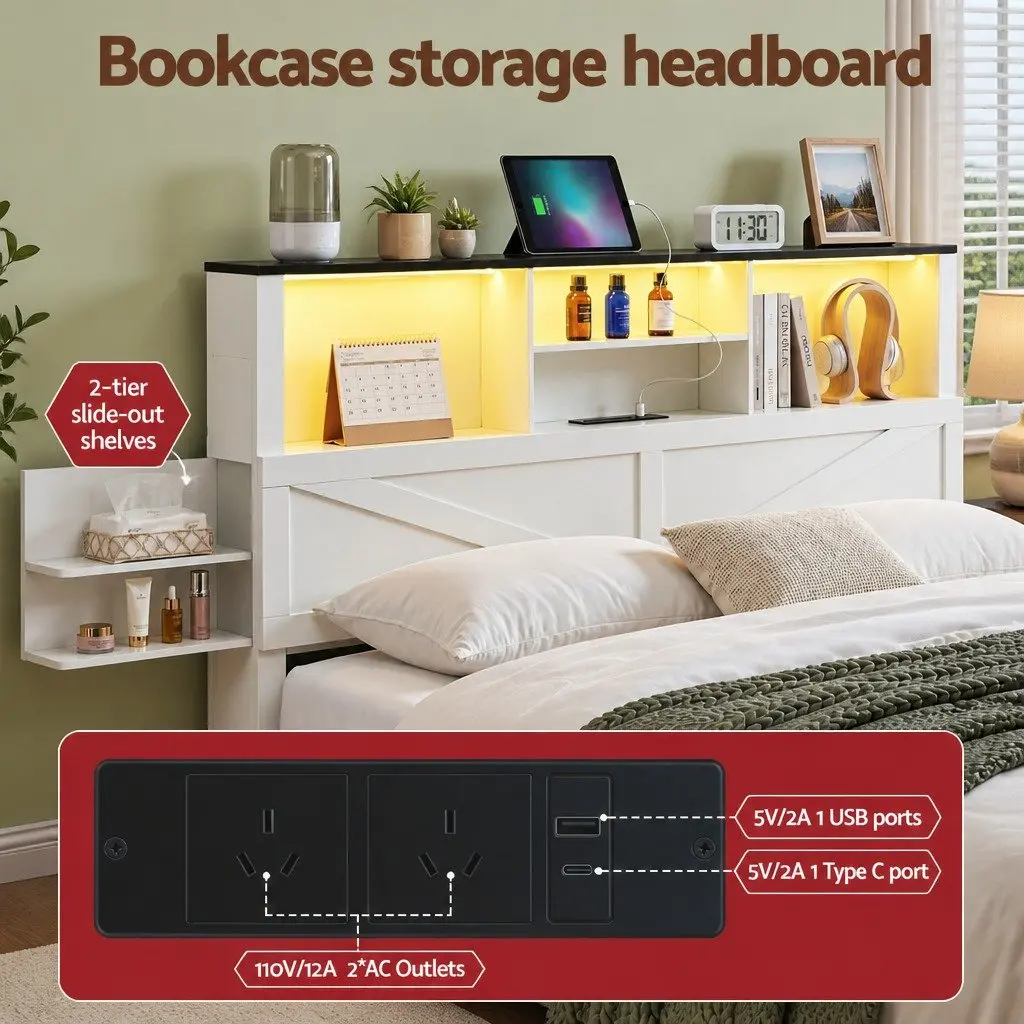 Double Bed Frame White with Storage Drawers Bookcase Headboard Charging Station LED