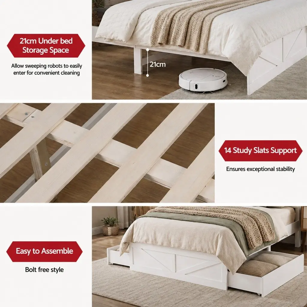 Double Bed Frame White with Storage Drawers Bookcase Headboard Charging Station LED