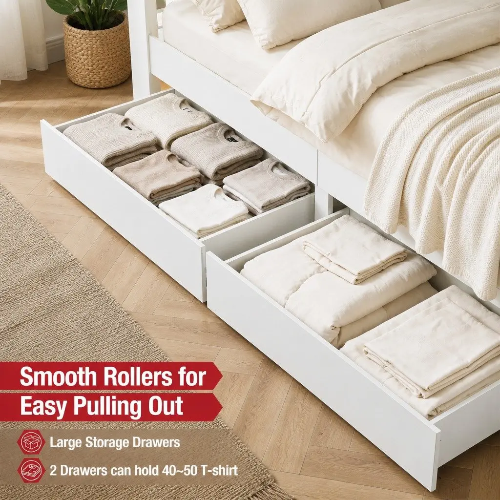 Queen Bed Frame with Storage Drawers White Platform Bedframe Bookcase Headboard